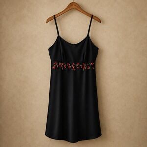 Vintage Y2K Delicates Black Satin Slip Dress Red Rose Embroidered Size S